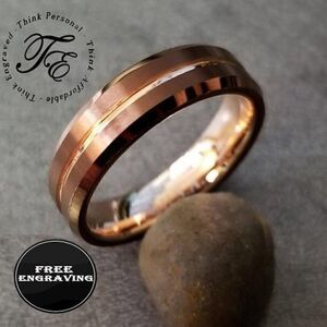 Engraved Men's Real Copper Brown Tungsten Wedding Ring - Rose Gold Center Groove